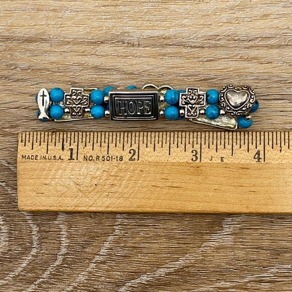 Silver-Toned Hope Love Faith Charm Bracelet with Turquoise Beads - Picture 4 of 4